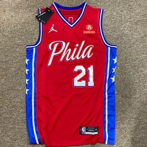 76ers Joel Embiid red Jordan jersey. Size L